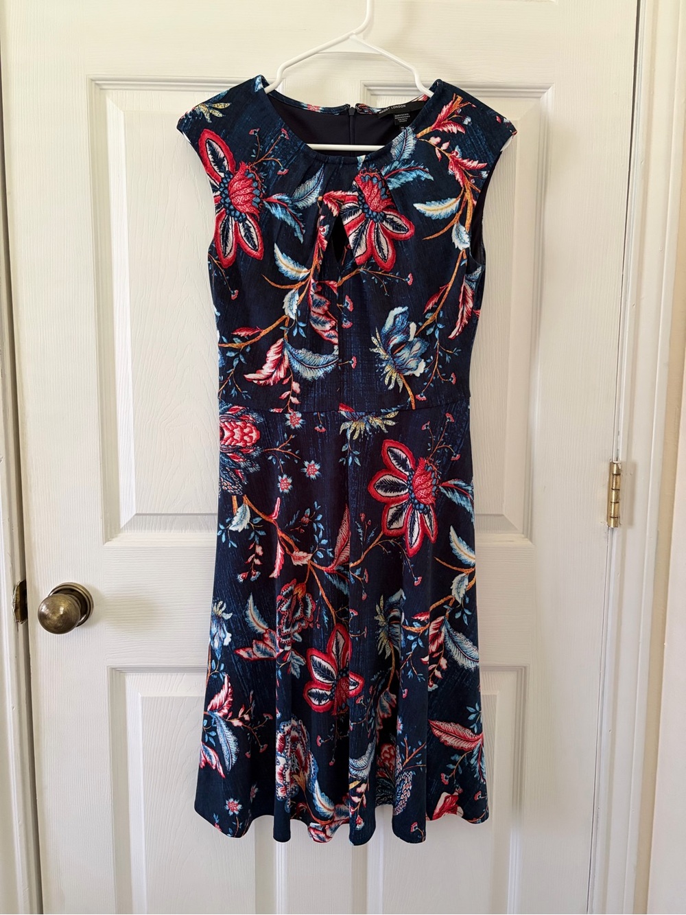 Maggy London Navy Floral Fit & Flare Dress with Keyhole Neck